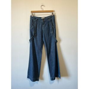 London Jean Blue Cotton Low Rise Wide Leg Flap Pocket Suspender Denim Jeans 6